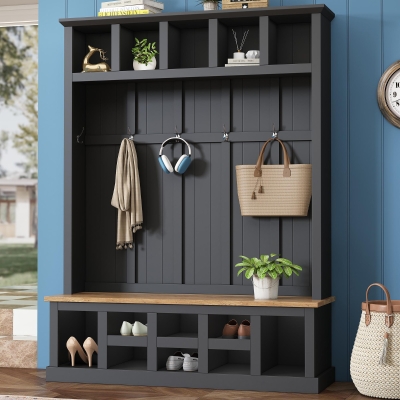 Farmhouse Hall Tree Coat Rack with 13 Compartments, Shoe Storage Bench Unit with Wide Storage Seating Bench, 59'' L x 18'' W x 79'' H, Black