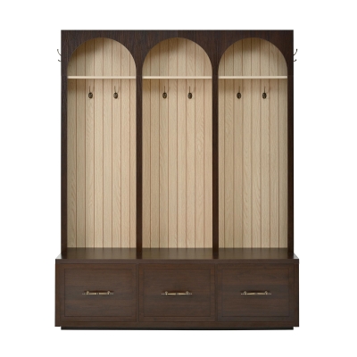 Farmhouse Hall Tree Coat Rack with 3 Arches and 8 Retro Hooks, Shoe Storage Bench Unit with 3 Drawers, 59'' L x 15.5'' W x 75'' H, Dark Walnut
