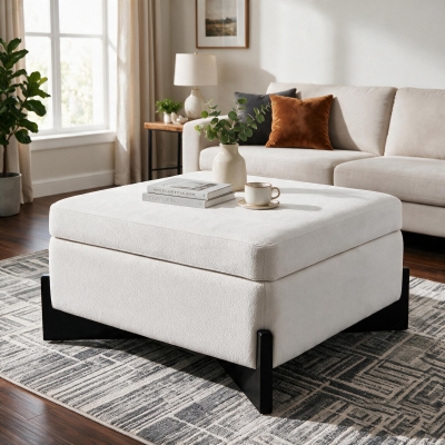 Modern Large Square Ottoman with Faux Leather and Hidden Storage, Versatile Coffee Table for Living Room, 30.5'' L x 30.5" W x 17.5" H, White