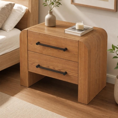 Minimalist Modern Nightstand with Black Metal Handles, Wooden Bedside Storage Table for Bedroom, 28.5'' L x 15.5'' W x 23.5'' H, Brown