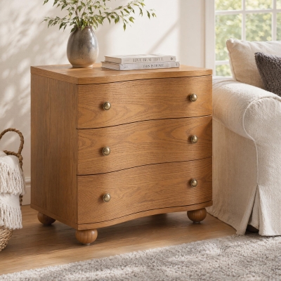 Retro Modern Nightstand Set of 2 with 3 Wave Drawers, Wooden Bedside Storage Tables with Bulbous Feet, 23.5'' L x 15.5'' W x 22.5'' H, Brown