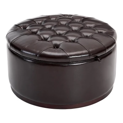 Elegant Round Storage Ottoman with Tufted Chenille and Removable Lid, Versatile Coffee Table for Living Room, 28'' L x 28" W x 16.5" H, Dark Brown