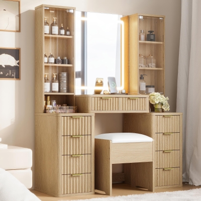 Elegant Fluted Dressing Vanity Desk with 3-Colour LED Mirror, Modern Makeup Table Unit with 10 Drawers, 43.5'' L x 15.5'' W x 54.5'' H, Oak