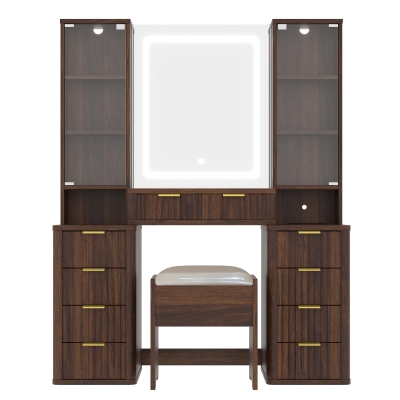 Elegant Fluted Dressing Vanity Desk with 3-Colour LED Mirror, Modern Makeup Table Unit with 10 Drawers, 43.5'' L x 15.5'' W x 54.5'' H, Brown