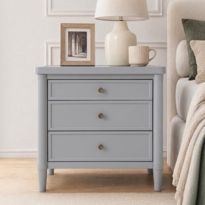 Modern Farmhouse Nightstand with 3 Storage Drawers, Wooden Bedside End Table with Tapered Legs, 23.5'' L x 15.5'' W x 24.5'' H, Gray