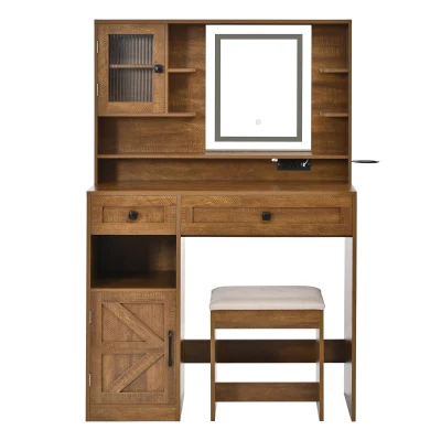 Farmhouse Makeup Vanity with LED Mirror and Outlet, Chic Dressing Table with Drawers and Padded Stool, 37.5'' L x 15.5" W x 56" H, Rustic Brown