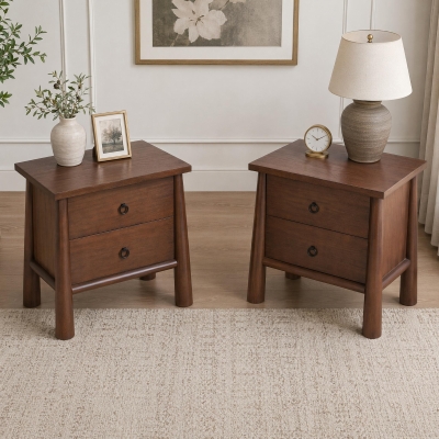 Modern Nightstand Set of 2 with 2 Drawers, Wooden Bedside Storage Tables with Signature Rounded Legs, 23.5'' L x 15.5'' W x 23.5'' H, Brown