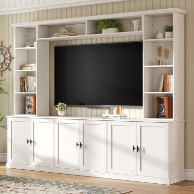 Rustic Farmhouse Entertainment Centre with 7 Adjustable Shelves, Modern TV Wall Unit with Panelled Doors, 95.5'' L x 15.5'' W x 76.5'' H, White