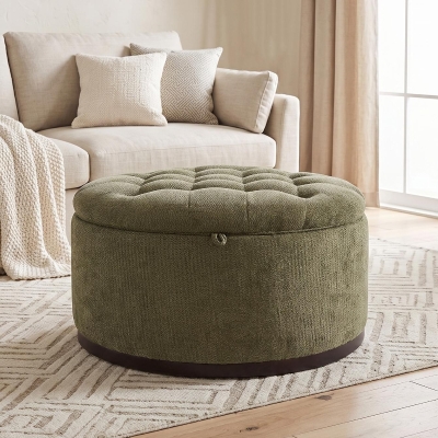 Elegant Round Storage Ottoman with Tufted Chenille and Removable Lid, Versatile Coffee Table for Living Room, 28'' L x 28" W x 16.5" H, Green
