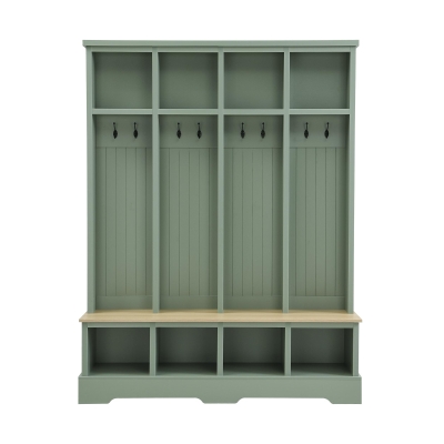 Farmhouse Hall Tree Coat Rack with 8 Retro Hooks, Shoe Bench Unit with 8 Storage Compartments, 59'' L x 15.5'' W x 76.5'' H, Mint Green