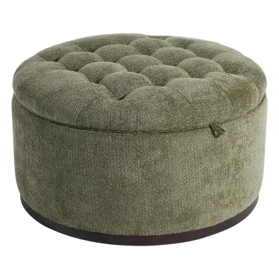 Elegant Round Storage Ottoman with Tufted Chenille and Removable Lid, Versatile Coffee Table for Living Room, 28'' L x 28" W x 16.5" H, Green