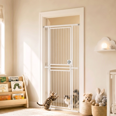 PawHut 71" Extra Tall Cat Gate,  29"-39" Wide Pet Gate with No Drilling, Narrow Spacing, Pull-Ring Latch, 2 Extension Kits