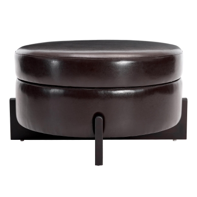 Stylish Round Storage Ottoman with Leather Upholstery, Versatile Coffee Table for Living Room and Bedroom, 32'' L x 32" W x 17.5" H, Dark Brown