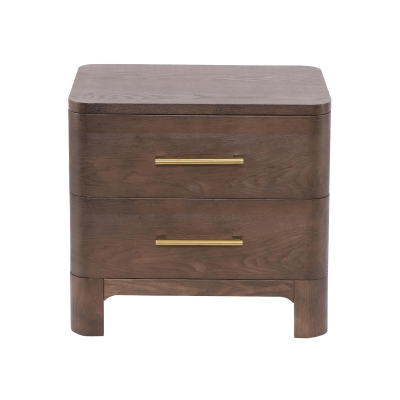 Chic Nightstand with 2 Drawers, Rounded Corners and Gold Handles, Versatile Storage Cabinet for Bedroom, 23.5'' L x 15.5" W x 22.5" H, Brown Oak