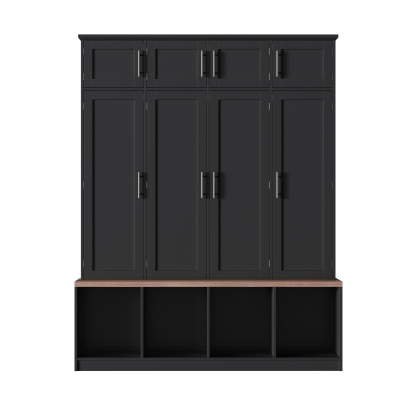 Rustic Farmhouse Hall Tree with 8 Storage Doors, Heavy-Duty Shoe Storage Bench Unit with 4 Bottom Compartments, 59'' L x 15.5'' W x 75'' H, Black