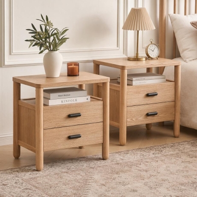 Modern Nightstands with Open Shelf and 2 Drawers, Wooden Bedside Storage Table Unit with Rounded Corners, 23.5'' L x 15.5'' W x 24'' H, Light Natural