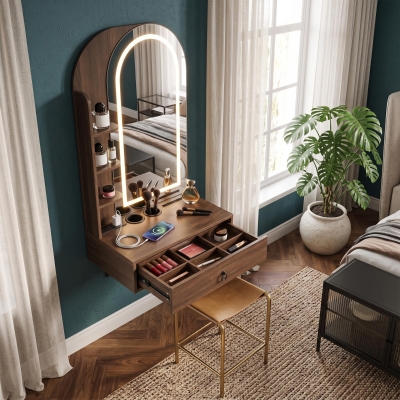 Modern Floating Makeup Vanity with Arched Mirror, Outlet and 3-Color Lights, Versatile Wall Vanity for Bedrooms, 23'' L x 15.5" W x 48" H, Walnut