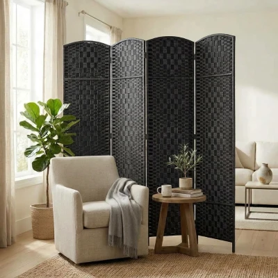 HOMCOM 6FT Tall Folding Privacy Screen, Black Wicker Room Divider