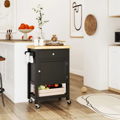 HOMCOM Kitchen Cart, Rolling Island with Drawer, Wine Rack, Black