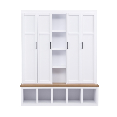 Rustic 4-in-1 Hall Tree Coat Rack with 4 Cabinets and 6 Sturdy Hooks, Shoe Storage Bench Unit for Mudroom, 63'' L x 15.5'' W x 76.5'' H, White