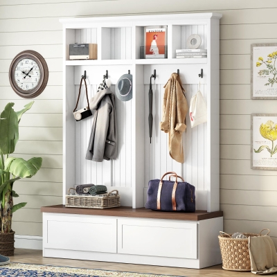 Rustic Farmhouse 4-in-1 Hall Tree Coat Rack with 2 Large Drawers, Shoe Storage Bench Unit with 6 Hooks, 53'' L x 15'' W x 75.5'' H, White