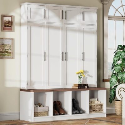 Rustic Farmhouse Hall Tree with 8 Storage Doors, Heavy-Duty Shoe Storage Bench Unit with 4 Bottom Compartments, 59'' L x 15.5'' W x 75'' H, White