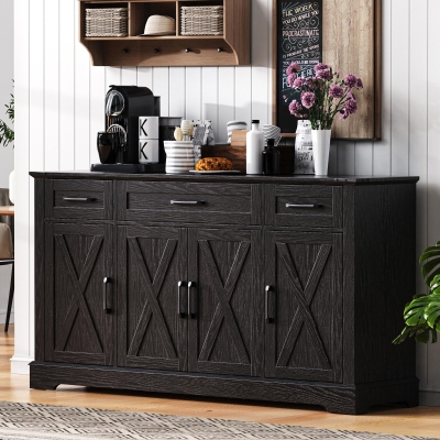 Farmhouse Buffet Cabinet with Metal Hardware and Wood Grain, Sturdy Sideboard for Kitchen and Dining Room, 55'' L x 15.5" W x 32" H, Ash Black