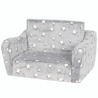 Qaba Kids Couch, 2 in 1 Toddler Couch with Glow in the Dark Stars, Sit to Lie, Ready from Box for Bedroomfor 18-48 M, Grey