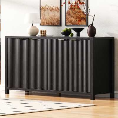 Elegant Fluted Buffet Cabinet with Sculpted Doors, Farmhouse Storage Sideboard for Kitchen Dining Living Room, 55" L × 15.5" W × 33" H, Black