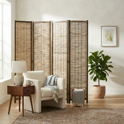 HOMCOM 4-Panel Hand-Woven Privacy Screen, Reed Room Divider, Brown