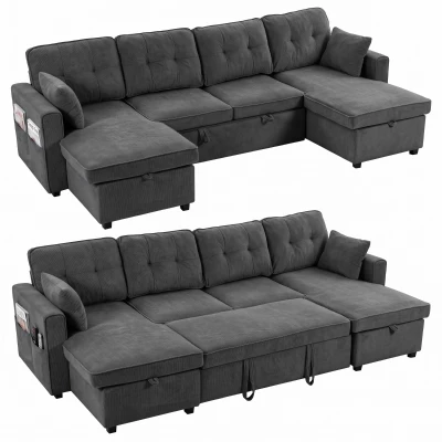 HOMCOM Sectional Sofa Bed, 113" U Shaped Pull Out Sleeper Sofa Bed with Dual Storage Chaises, Wide and Deep Seat, Dark Grey