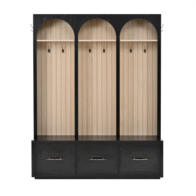Farmhouse Hall Tree Coat Rack with 3 Arches and 8 Retro Hooks, Shoe Storage Bench Unit with 3 Drawers, 59'' L x 15.5'' W x 75'' H, Black