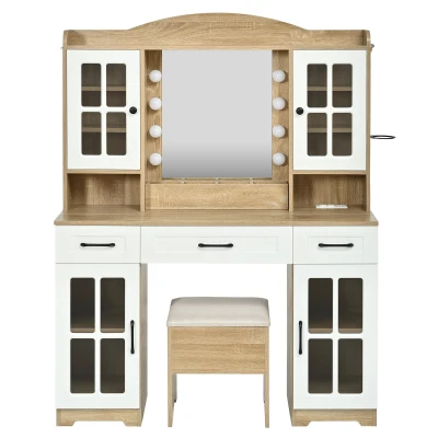 Farmhouse Makeup Vanity with Lighted Mirror and Outlet, Chic Dressing Table with Drawers and Stool, 47'' L x 15.5" W x 61.5" H, Natural+White