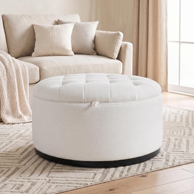 Elegant Round Storage Ottoman with Tufted Chenille and Removable Lid, Versatile Coffee Table for Living Room, 28'' L x 28" W x 16.5" H, White