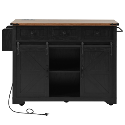 Farmhouse Kitchen Island with Power Outlet, Drop Leaf and Sliding Barn Doors, Versatile Rolling Cart for Kitchen, 53.5'' L x 18.5" W x 37" H, Black