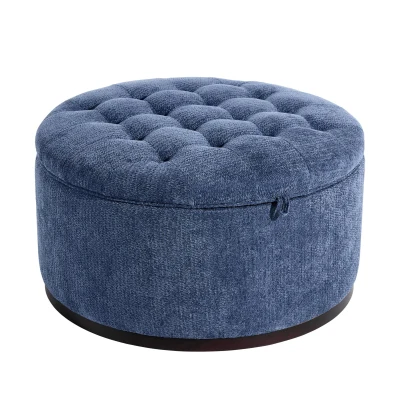 Elegant Round Storage Ottoman with Tufted Chenille and Removable Lid, Versatile Coffee Table for Living Room, 28'' L x 28" W x 16.5" H, Blue