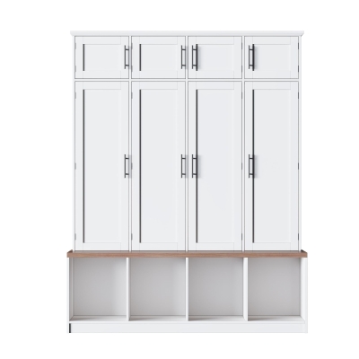 Rustic Farmhouse Hall Tree with 8 Storage Doors, Heavy-Duty Shoe Storage Bench Unit with 4 Bottom Compartments, 59'' L x 15.5'' W x 75'' H, White