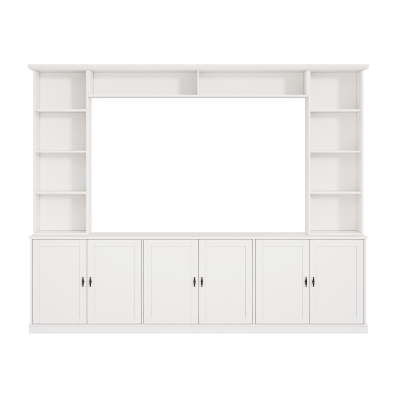 Rustic Farmhouse Entertainment Centre with 7 Adjustable Shelves, Modern TV Wall Unit with Panelled Doors, 95.5'' L x 15.5'' W x 76.5'' H, White