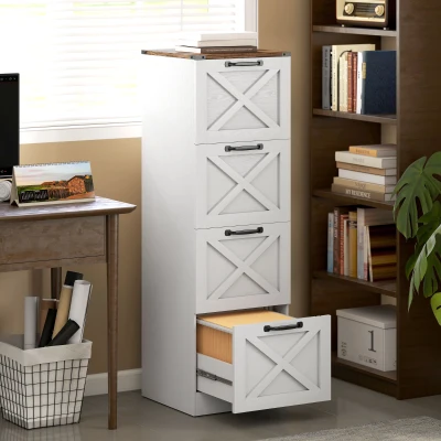 HOMCOM Farmhouse Printer Stand 4-Drawer Vertical Storage, White