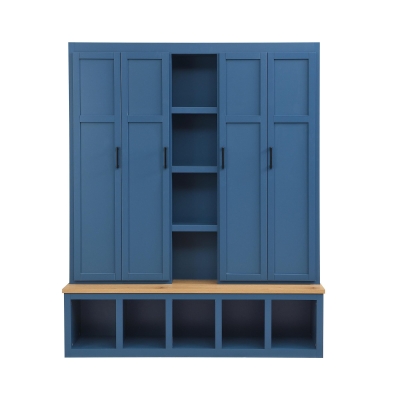 Rustic 4-in-1 Hall Tree Coat Rack with 4 Cabinets and 6 Sturdy Hooks, Shoe Storage Bench Unit for Mudroom, 63'' L x 15.5'' W x 76.5'' H, Blue