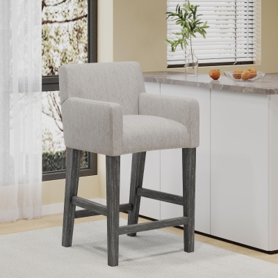 Modern Upholstered Counter Stool with Rounded Armrests, Soft Kitchen Stool with Rubberwood Frame, 23.5'' L x 23.5" W x 39.5" H, Light Grey