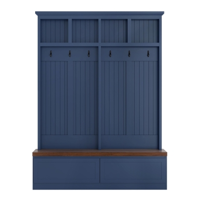 Rustic Farmhouse 4-in-1 Hall Tree Coat Rack with 2 Large Drawers, Shoe Storage Bench Unit with 6 Hooks, 53'' L x 15'' W x 75.5'' H, Blue