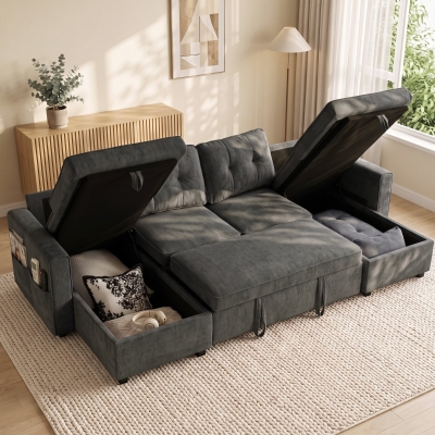 HOMCOM Sectional Sofa Bed, 113" U Shaped Pull Out Sleeper Sofa Bed with Dual Storage Chaises, Wide and Deep Seat, Dark Grey