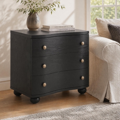 Retro Modern Nightstand Set of 2 with 3 Wave Drawers, Wooden Bedside Storage Tables with Bulbous Feet, 23.5'' L x 15.5'' W x 22.5'' H, Black