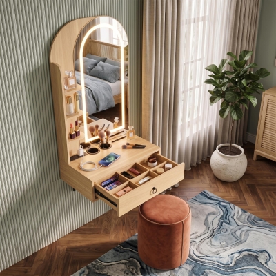 Modern Floating Makeup Vanity with Arched Mirror, Outlet and 3-Color Lights, Versatile Wall Vanity for Bedrooms, 23'' L x 15.5" W x 48" H, Natural