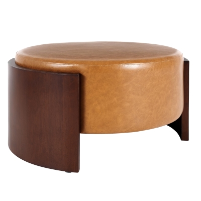 Modern Round Ottoman with Curved Wood-Grain and High-Density Foam, Versatile Coffee Table for Living Room, 32'' L x 32" W x 17.5" H, Brown