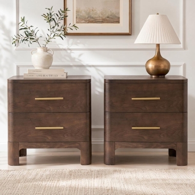 Chic Nightstand with 2 Drawers, Rounded Corners and Gold Handles, Versatile Storage Cabinet for Bedroom, 23.5'' L x 15.5" W x 22.5" H, Brown Oak
