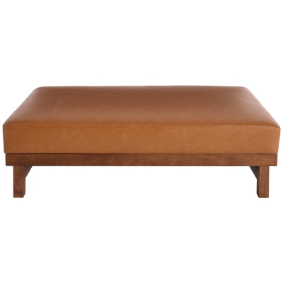 Sleek Large Ottoman with Faux Leather and Walnut Legs, Versatile Coffee Table for Living Room, 48" L × 27.5" W × 15.5" H, Light Brown