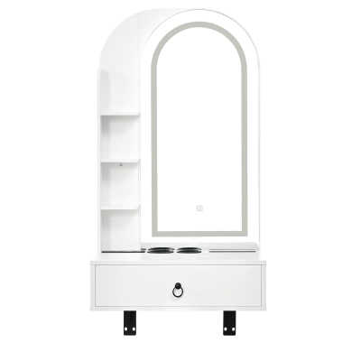 Modern Floating Makeup Vanity with Arched Mirror, Outlet and 3-Color Lights, Versatile Wall Vanity for Bedrooms, 23'' L x 15.5" W x 48" H, White