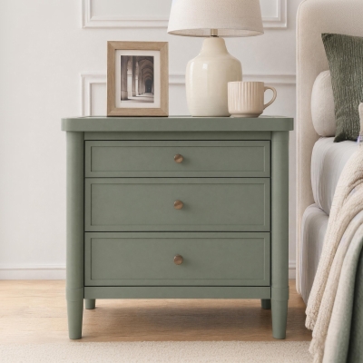 Modern Farmhouse Nightstand with 3 Storage Drawers, Wooden Bedside End Table with Tapered Legs, 23.5'' L x 15.5'' W x 24.5'' H, Green